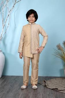 Beige embroidered banarasi silk boys-kurta &-pyjama
