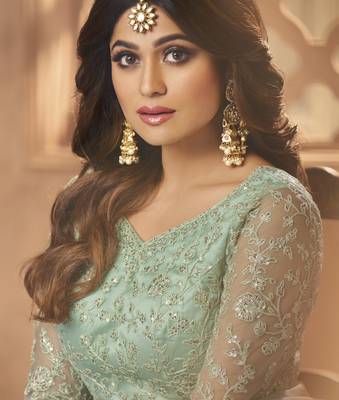 Light-sea-green embroidered net salwar 3