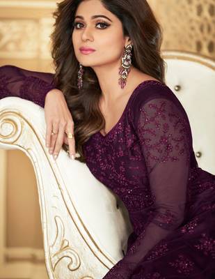 Wine embroidered net salwar 2