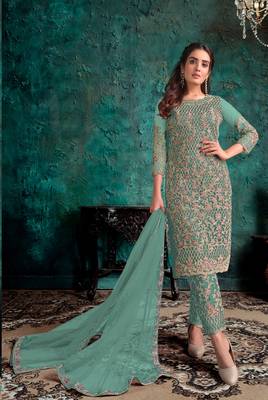 Light-parrot-green embroidered
 net salwar 1