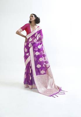 Purple woven organza saree with blouse 1