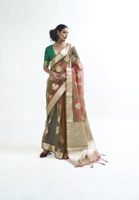 Rust woven organza saree with blouse 1