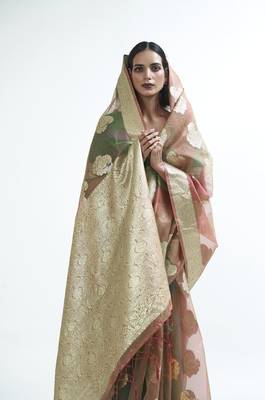 Rust woven organza saree with blouse 2