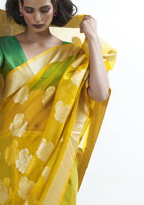 Yellow woven organza saree with blouse 2