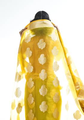 Yellow woven organza saree with blouse 3
