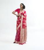 Red woven organza saree with blouse