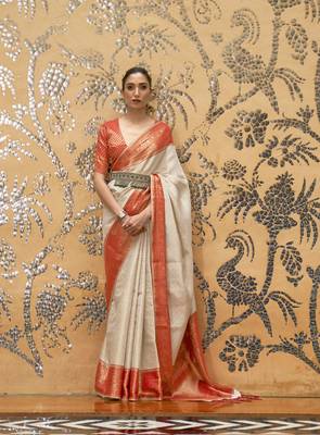 Cream woven silk saree with blouse 1