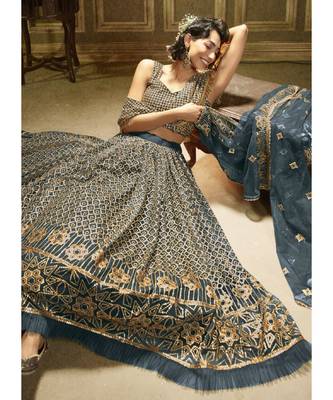 Deep Turquoise Sequence Embroidered Lehenga Choli 3
