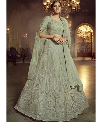 Dusty Green Wedding Lehenga Choli With Handwork Embroidery 1
