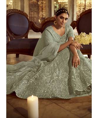 Dusty Green Wedding Lehenga Choli With Handwork Embroidery 2