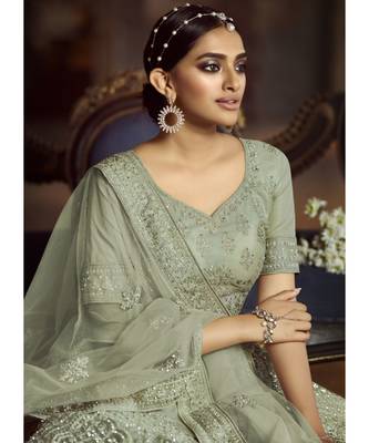 Dusty Green Wedding Lehenga Choli With Handwork Embroidery 3
