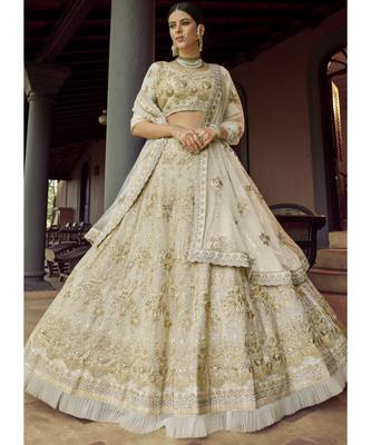 Cream Georgette Embroidered N Sequins Umbrella Leh Wedding Wear 1