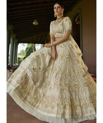 Cream Georgette Embroidered N Sequins Umbrella Leh Wedding Wear 2