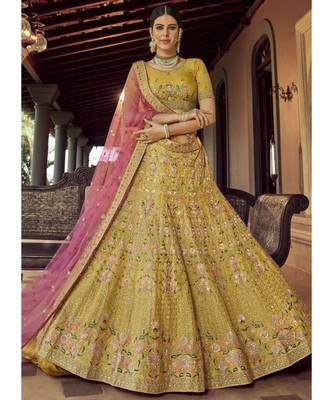 Mustard Organza Embroidered N Stones Umbrella Lehenga Wedding Wear 1
