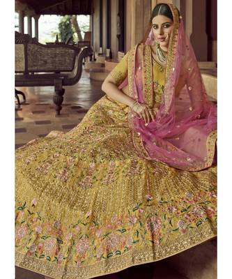 Mustard Organza Embroidered N Stones Umbrella Lehenga Wedding Wear 2