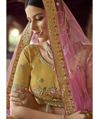 Mustard Organza Embroidered N Stones Umbrella Lehenga Wedding Wear 3