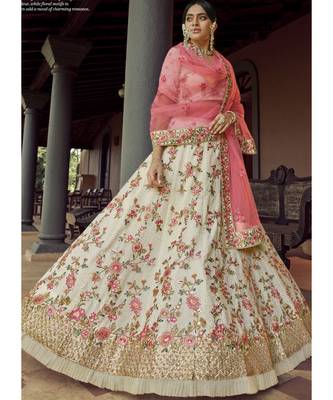 Off White Swarovski Embellished Georgette Lehenga Choli 1