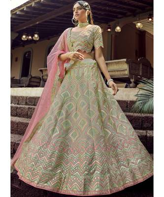 Light Green Organza Embroidered N Stones Umbrella Lehenga Wedding Wear 1