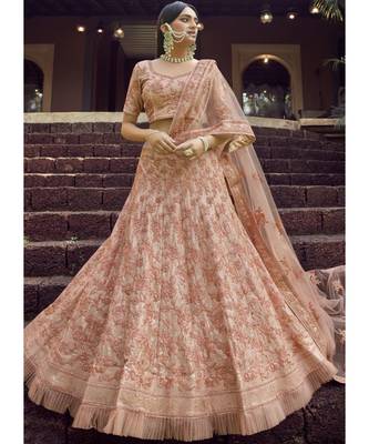 Peach Georgette Embroidered N Stones Umbrella Lehenga Wedding Wear 1