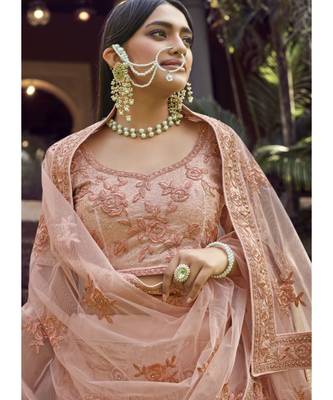 Peach Georgette Embroidered N Stones Umbrella Lehenga Wedding Wear 3