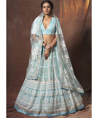 Baby Blue And White Floral Embroidered Lehenga Choli 1