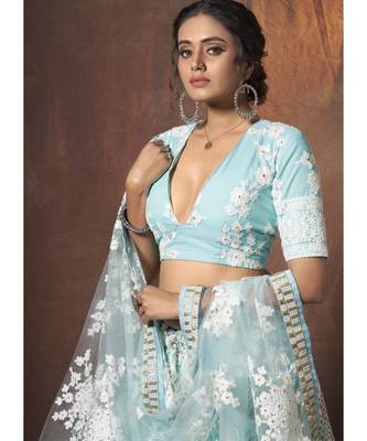 Baby Blue And White Floral Embroidered Lehenga Choli 3
