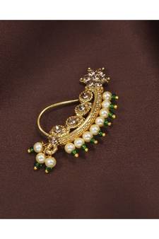 Traditional Ethnic Bridal Nose Ring Nath without piercing Encased with Pearl Stone for   Girls (NL45G)