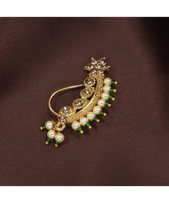 Traditional Ethnic Bridal Nose Ring Nath without piercing Encased with Pearl Stone for   Girls (NL45G) 1