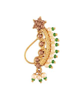 Traditional Ethnic Bridal Nose Ring Nath without piercing Encased with Pearl Stone for   Girls (NL45G) 2