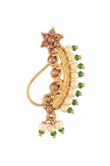 Traditional Ethnic Bridal Nose Ring Nath without piercing Encased with Pearl Stone for   Girls (NL45G)
