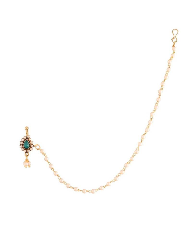 Traditional Ethnic Bridal Nose Ring Nath without piercing with Pearl Chain Encased with Pearl  