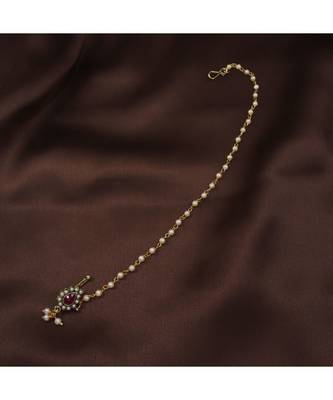 Gold Plated Traditional Ethnic Bridal Nose Ring Nath without piercing with Pearl Chain Encased with Pearl   1