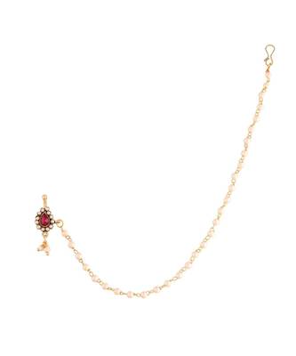 Gold Plated Traditional Ethnic Bridal Nose Ring Nath without piercing with Pearl Chain Encased with Pearl   2
