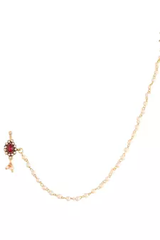 Gold Plated Traditional Ethnic Bridal Nose Ring Nath without piercing with Pearl Chain Encased with Pearl  