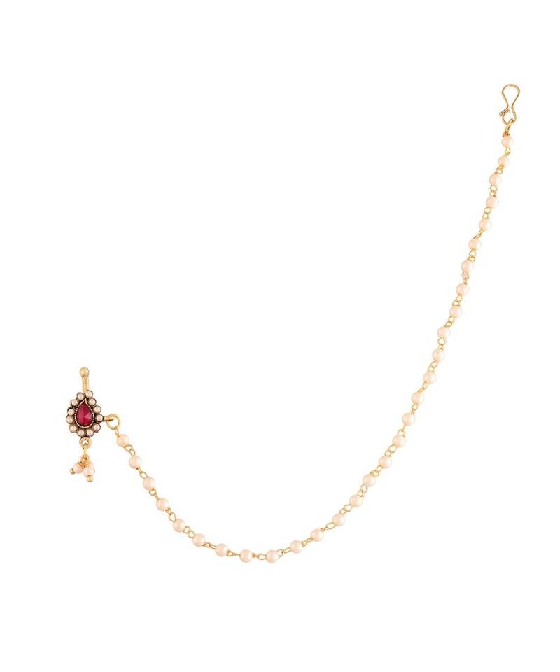 Gold Plated Traditional Ethnic Bridal Nose Ring Nath without piercing with Pearl Chain Encased with Pearl  