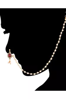 Gold Plated Traditional Ethnic Bridal Nose Ring Nath without piercing with Pearl Chain Encased with Pearl  