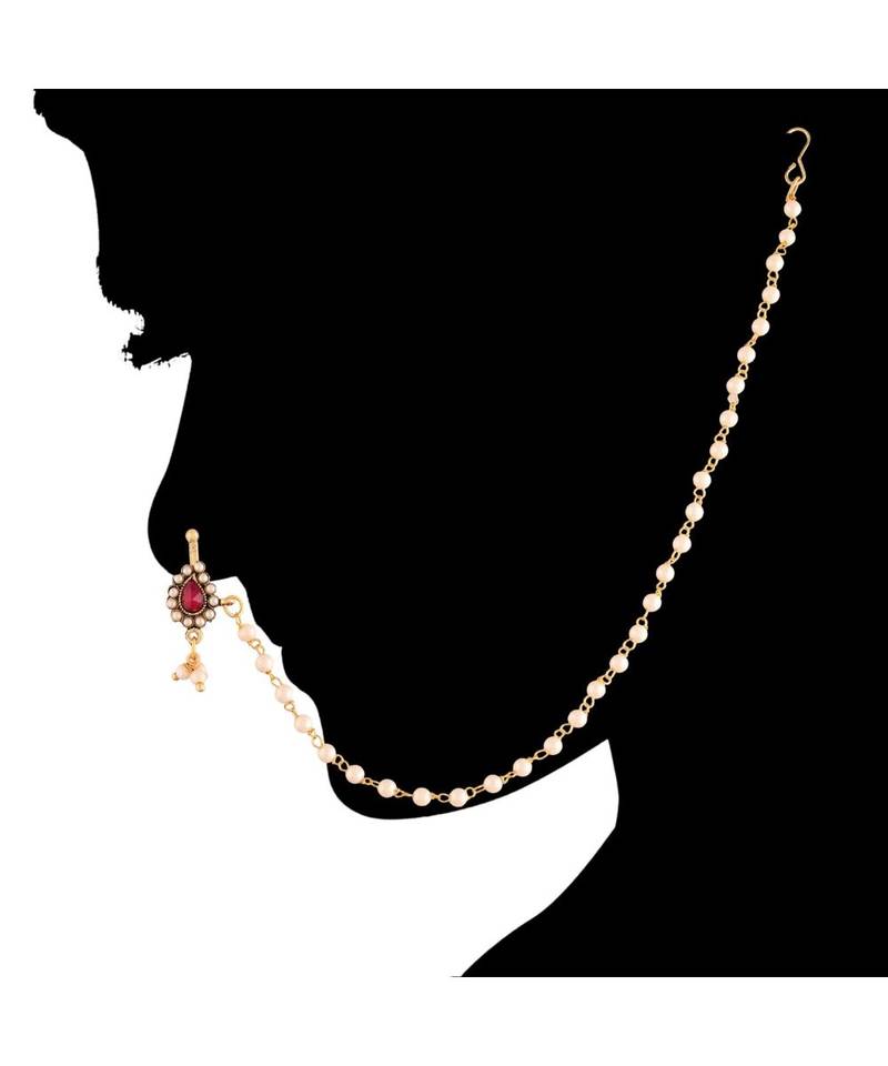 Gold Plated Traditional Ethnic Bridal Nose Ring Nath without piercing with Pearl Chain Encased with Pearl  