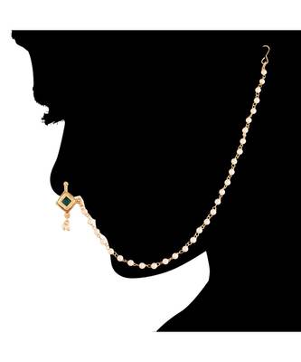 Traditional Ethnic Bridal Nose Ring Nath without piercing with Pearl Chain Encased with Pearl   3