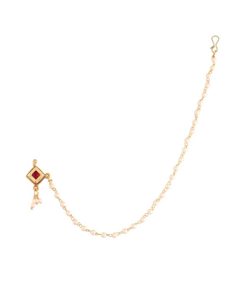 Traditional Ethnic Bridal Nose Ring Nath without piercing with Pearl Chain Encased with Pearl  