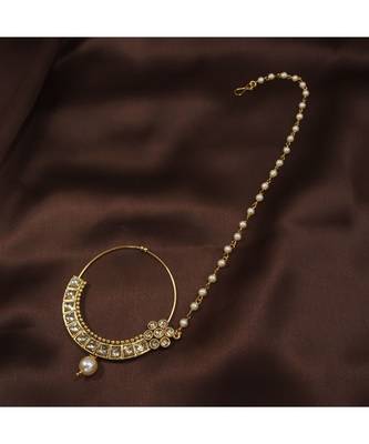 Traditional Ethnic Bridal Nose Ring Nath without piercing with Pearl Chain Encased with Pearl   1