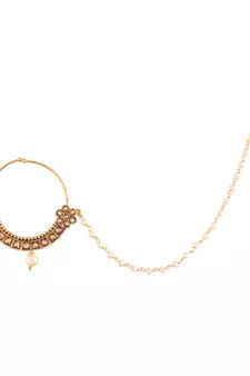 Traditional Ethnic Bridal Nose Ring Nath without piercing with Pearl Chain Encased with Pearl  