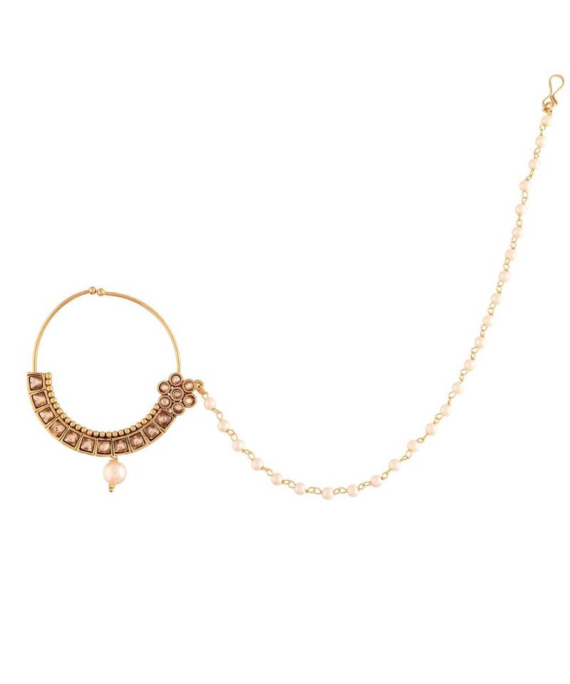 Traditional Ethnic Bridal Nose Ring Nath without piercing with Pearl Chain Encased with Pearl  