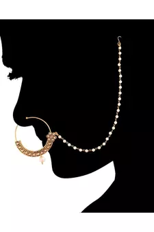Traditional Ethnic Bridal Nose Ring Nath without piercing with Pearl Chain Encased with Pearl  