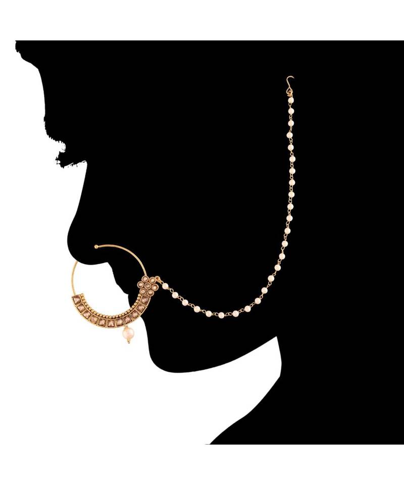 Traditional Ethnic Bridal Nose Ring Nath without piercing with Pearl Chain Encased with Pearl  
