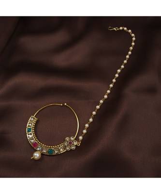 Traditional Ethnic Bridal Nose Ring Nath without piercing with Pearl Chain Encased with Pearl   1
