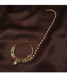 Traditional Ethnic Bridal Nose Ring Nath without piercing with Pearl Chain Encased with Pearl  