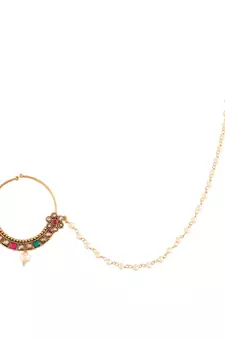 Traditional Ethnic Bridal Nose Ring Nath without piercing with Pearl Chain Encased with Pearl  