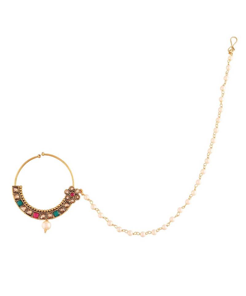Traditional Ethnic Bridal Nose Ring Nath without piercing with Pearl Chain Encased with Pearl  