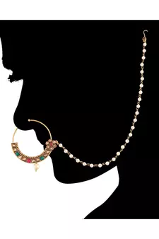 Traditional Ethnic Bridal Nose Ring Nath without piercing with Pearl Chain Encased with Pearl  