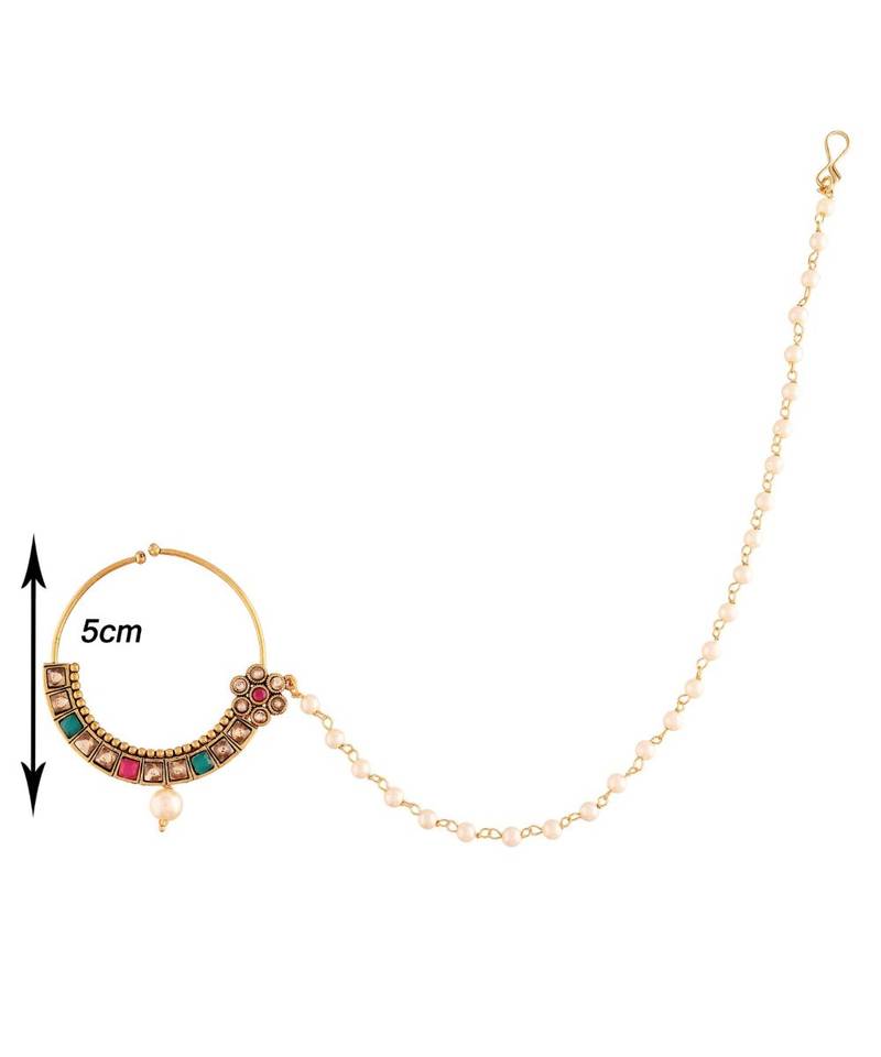 Traditional Ethnic Bridal Nose Ring Nath without piercing with Pearl Chain Encased with Pearl  